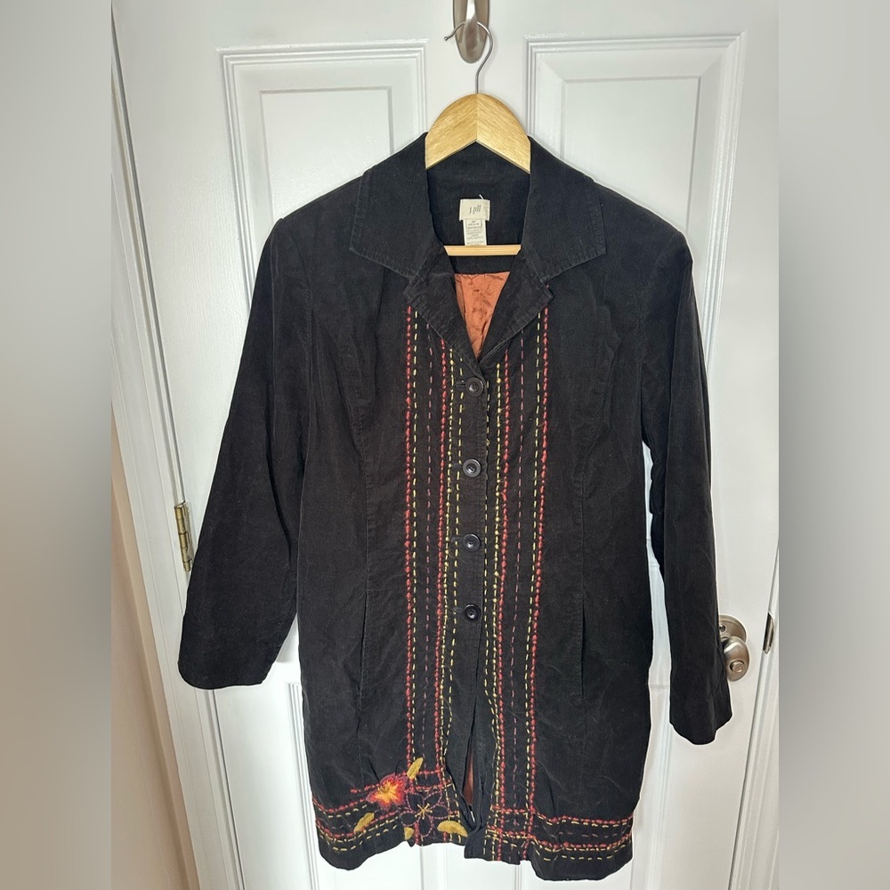 J. Jill Floral Embroidered Womens Medium Black Corduroy Longline Jacket